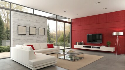 A modern living room with white sofas and a red accent wall feature