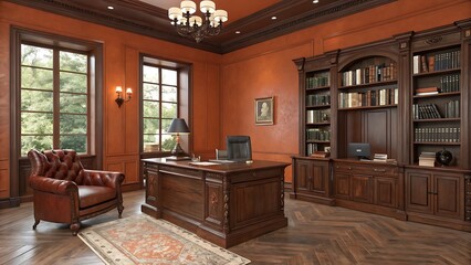 Interior view of a classic office with wooden furniture and decor