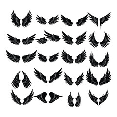 Collection of Black Angel Wings Vector Illustrations on White Background.