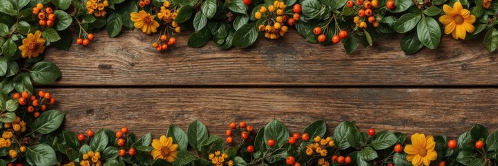 Autumnal arrangement of vibrant orange berries, yellow flowers, and lush green leaves on a rustic wooden backdrop.