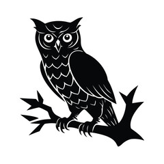 Wise owl perched on a broken branch with wings lifted