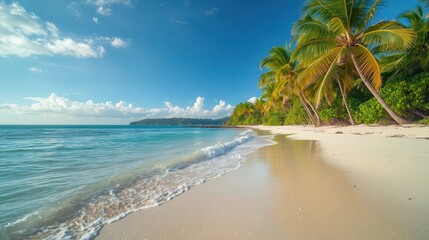 A serene tropical beach scene boasts a pristine white sand beach, turquoise water, and lush palm trees under a vibrant blue sky.