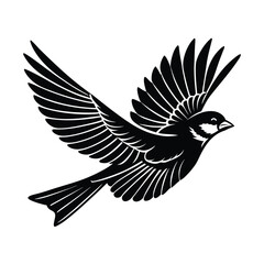 Sparrow in mid flight with wings spread and tail fanned