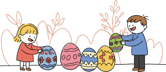 Children painting and decorating colorful Easter eggs for celebration  