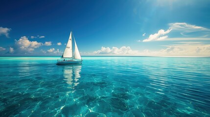 A tranquil sailboat glides across a shimmering turquoise sea, beneath a vast, cloud-filled azure sky.