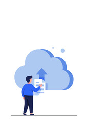 Fototapeta premium Flat Vector Illustration Man Uploading Document to Cloud