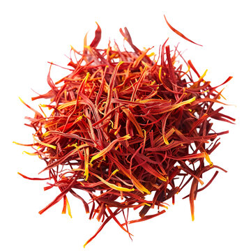 Pile of dried saffron threads on black background spice