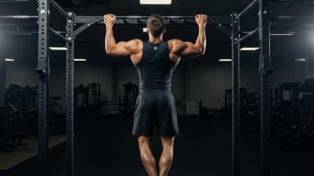 Man doing pull ups in a gym workout for fitness and strength.