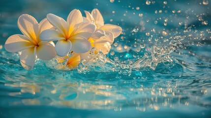 Delicate plumeria blossoms rest gently on a turquoise water surface, showcasing vibrant splashes and ripples.