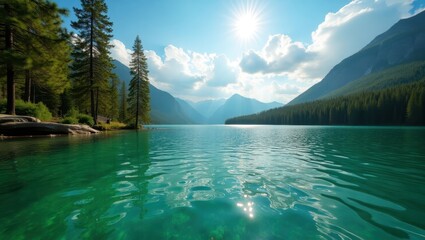 Serene emerald lake nestled amongst towering pine trees, reflecting a vibrant sky filled with fluffy clouds and a brilliant sun.
