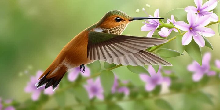 Hummingbird in its natural habitat flying in the environment looking for flowers to get drunk from