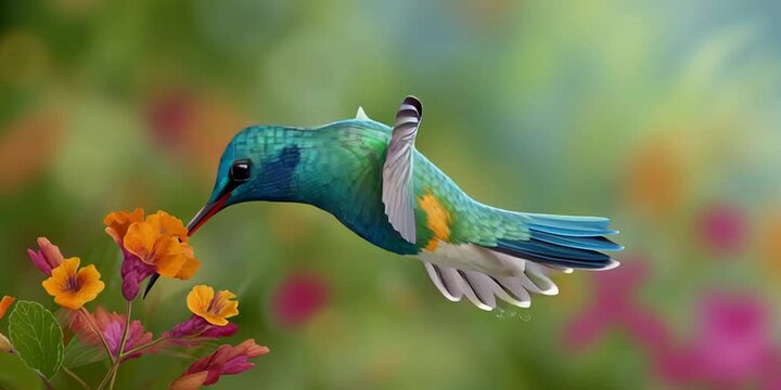 Hummingbird in its natural habitat flying in the environment looking for flowers to get drunk from