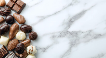 An opulent assortment of gourmet chocolates and decadent pralines elegantly arranged on a pristine white marble surface, perfect for indulgence or special occasions