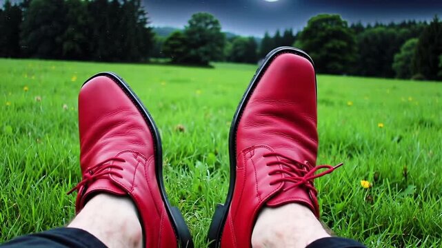 Red leather shoes on grass under moonlight, POV perspective