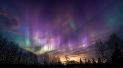 Magical sky with auroras in fantasy tones, purple, cyan, gold