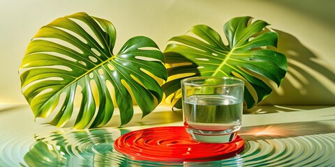 Vibrant Monstera Leaves With Glass Ripple and Water on White Background for Natural Decor Inspiration