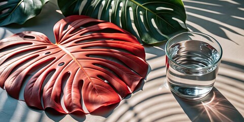 Monstera Leaves Beside a Glass of Water on a White Surface With Shadows and Reflections