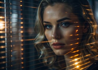 Abstract woman portrait with glass texture. Glitched and corrupted female face. Beautiful girl. Model hidden behind mirror pattern. Colored Reeded Glass. Ribbed Background.