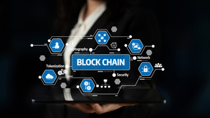 Visual representation of blockchain technology featuring elements like cryptography, tokenization, and network security. Ideal for digital innovation themes and business solutions. Tessel