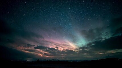 Fototapeta premium Starry night horizon with dazzling aurora arcs, 