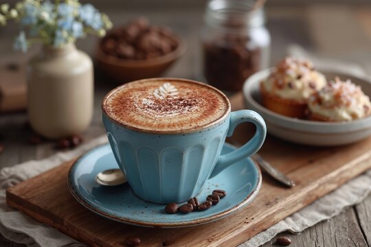 A cup of coffee on a wooden table with cupcakes and coffee beans