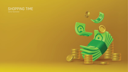 3D falling hundred dollars and gold coins. Cartoon paper currency and coins. Business and success investment background. Vector illustration