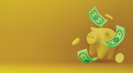 Money Piggy bank creative business concept. Realistic 3d design. Pink pig keeps gold coins. Safe finance investment. Financial services. Landing page template mockup for website. Vector illustration