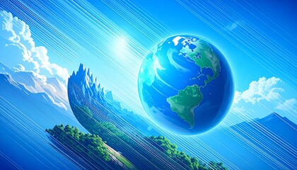 A vibrant digital artwork of Earth soaring through a stylized landscape