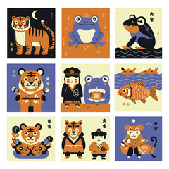 cute tiger and frog illustrations chinese new year theme.