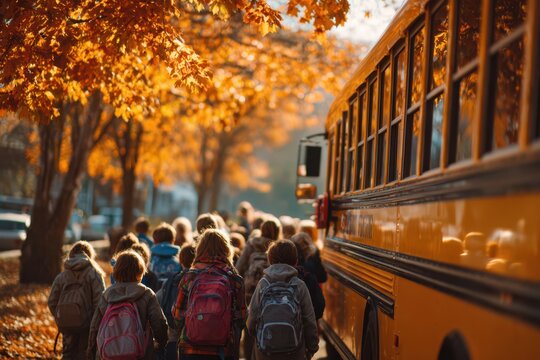 Group of school children with backpacks boarding a yellow school bus under autumn trees with golden leaves on a sunny fall morning