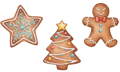 Gingerbread cookies vector set: smiling gingerbread man, Christmas tree and snowflake star, each decorated with sweet icing and vibrant colors.