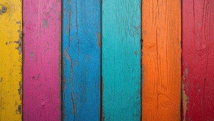 Vibrant vertical planks of weathered wood, painted in a spectrum of bright colors, showcase a playful and dynamic design.