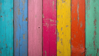 A vibrant and colorful wooden paneling showcases a mix of cheerful hues, from pinks and blues to yellows and oranges, with weathered paint creating an aged and rustic look.