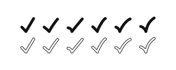 Hand-drawn check mark vector icon set in black solid and outline styles. Perfect for checklists and completion concepts