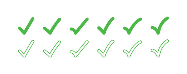 Green check mark icons in hand-drawn, doodle style. A vector set for to-do lists, completion, and approval concepts. Set of green tick icons. Hand-drawn approval and success symbols in both solid