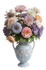 Obraz premium A vibrant bouquet of assorted flowers in a decorative vase, showcasing pastel colors and intricate designs against a white background.