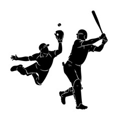Dynamic baseball action silhouette of batter swinging and fielder catching ball vector