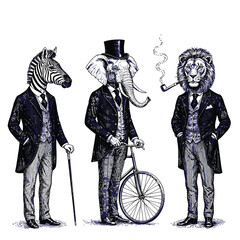 animal men in vintage style clothing.
