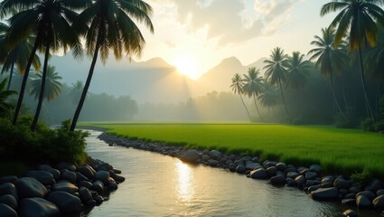 A tranquil river meanders through a lush rice paddy landscape, bathed in the soft light of a sunrise, framed by towering palm trees and misty mountains.