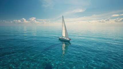 A tranquil sailboat glides across a serene body of water under a bright, cloud-filled sky.