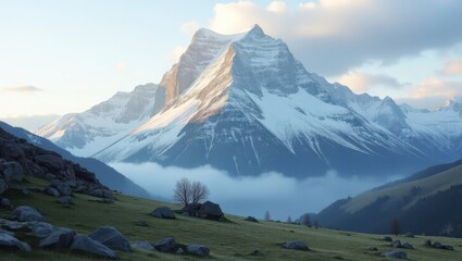 A breathtaking vista of snow-capped peaks, bathed in the soft light of dawn, with a valley of green grass and rocky outcrops.