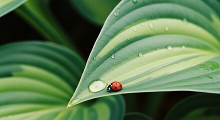 Macro shot of a red ladybug resting on a fresh green leaf with water droplets, styled for nature photography, lifestyle detail, and botanical imagery
