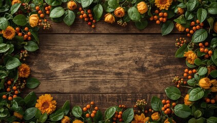 Autumnal arrangement of delicate orange flowers and berries, nestled amongst verdant leaves, forms a frame on a rustic wooden surface.