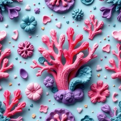 Colorful Coral Reef Patterns with Sea Life on Soft Blue Background