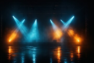 Obraz premium Concert stage with dramatic blue and amber haze night fog cutting searchlights and rain soaked reflections immersive live show atmosphere