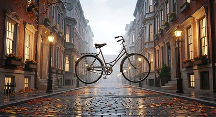 Urban Ride: A vintage bicycle stands alone on a rain-slicked city street, framed by charming historic buildings and warm streetlights, creating a scene of tranquil urban solitude. 