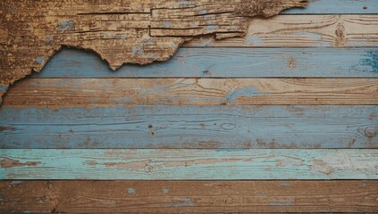 Weathered, horizontal wood planks exhibit a medley of muted blue, light teal, and rich brown tones, showcasing the varying degrees of paint and wood texture.