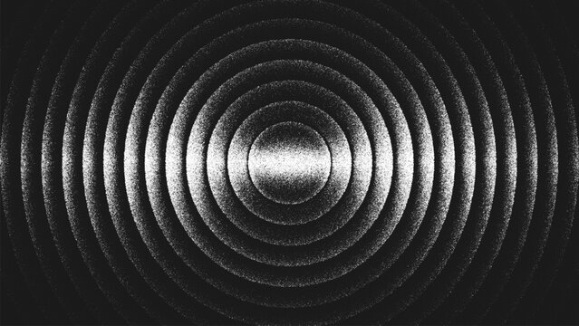 Minimalist stippling geometric design with concentric circles symbolizing infinity motion, depth, energy and vibration. Dynamic illusion of sound waves and ripples spreading endlessly in space. Vector