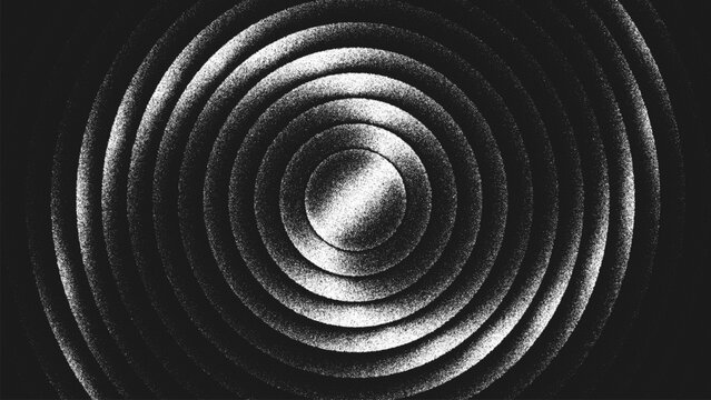Spiral stippling art with twisted concentric circles creating an illusion of rotation, depth and continuous flow for posters, album covers, interior design. Pointillism. Noisy grainy shading. Vector