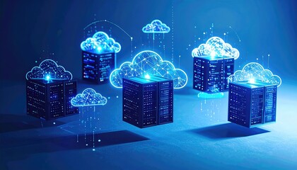 Abstract Cloud Computing Concept with Glowing Blue Servers and Minimal 3D Elements